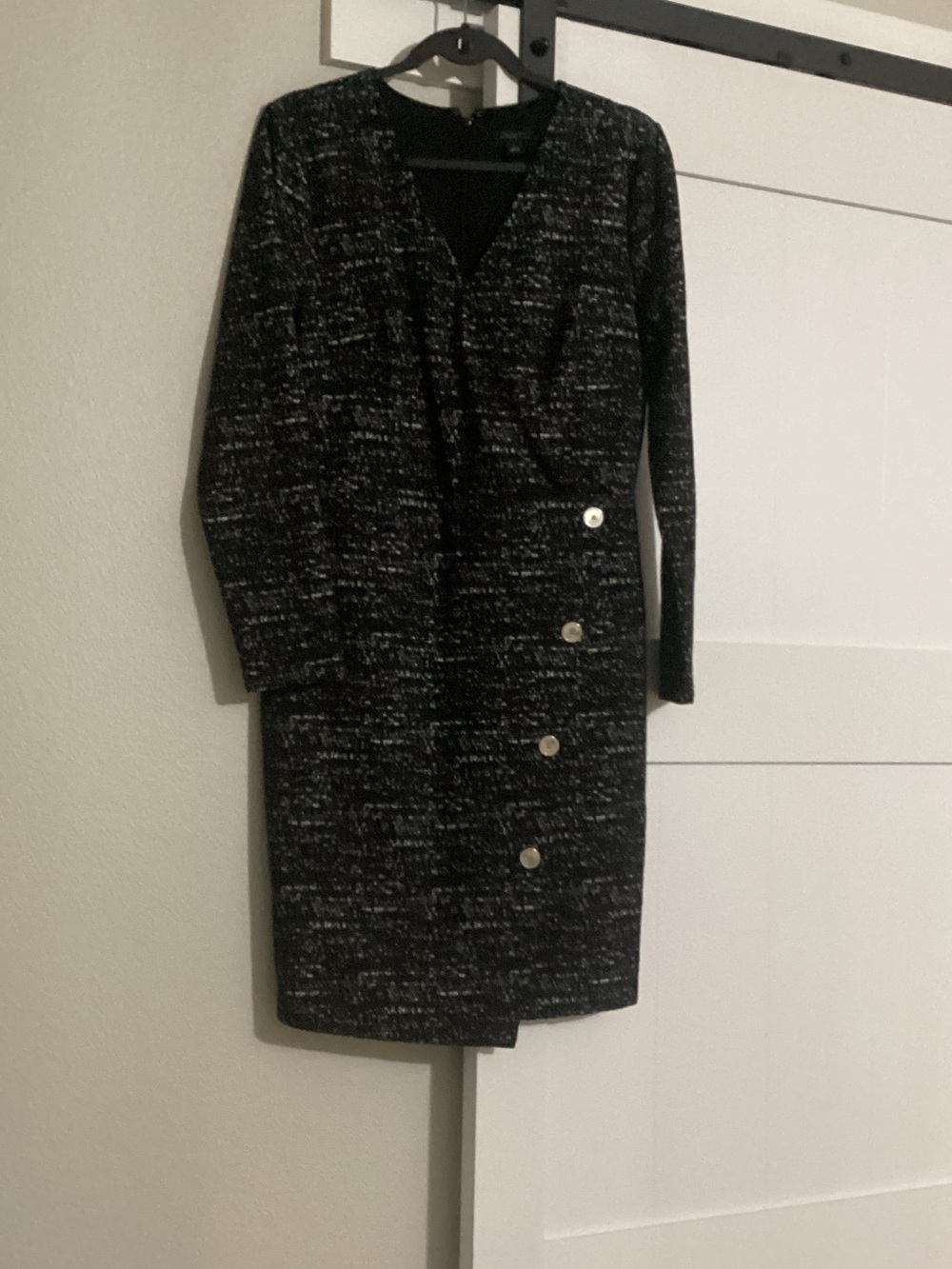 Ann Taylor Black and White Tweed Wrap-Front Long Sleeve Dress